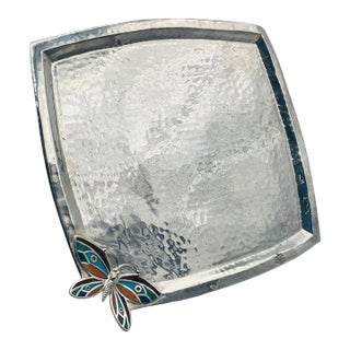 Emilia Castillo Silverplated Butterfly Tray With Stone Inlay, Taxco For Sale