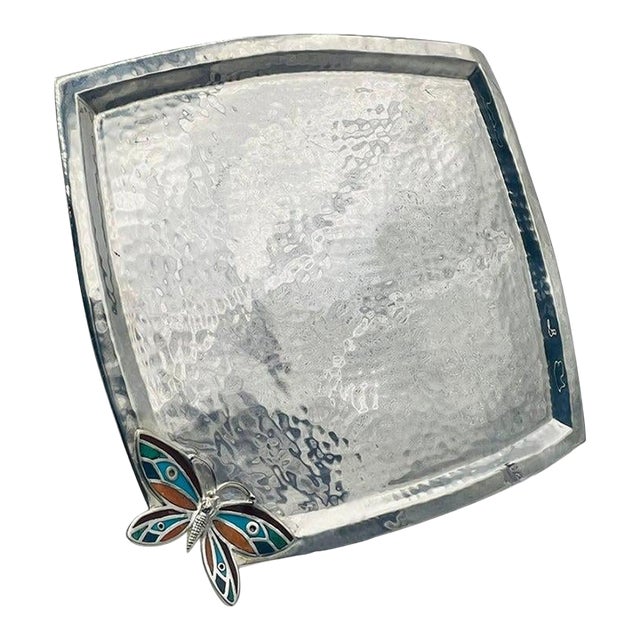Emilia Castillo Silverplated Butterfly Tray With Stone Inlay, Taxco For Sale