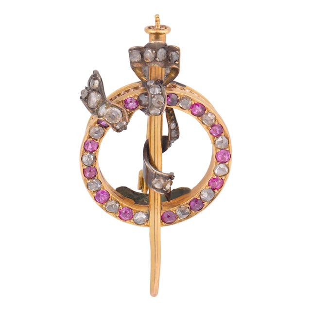 1900-1909 Victorian Diamond Ruby 18k Yellow Gold Brooch For Sale