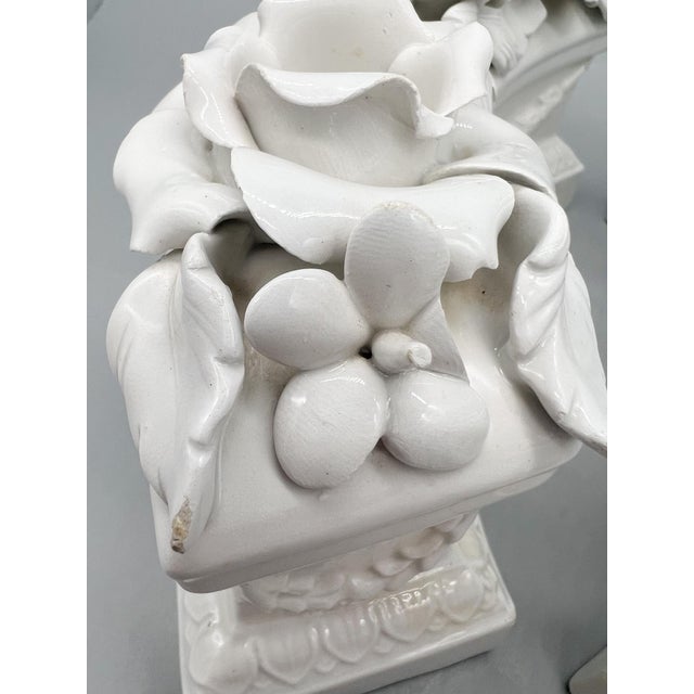 White Italian White Glazed Ceramic Floral Double Candle Holders — Hollywood Regency / Neoclassical For Sale - Image 8 of 15