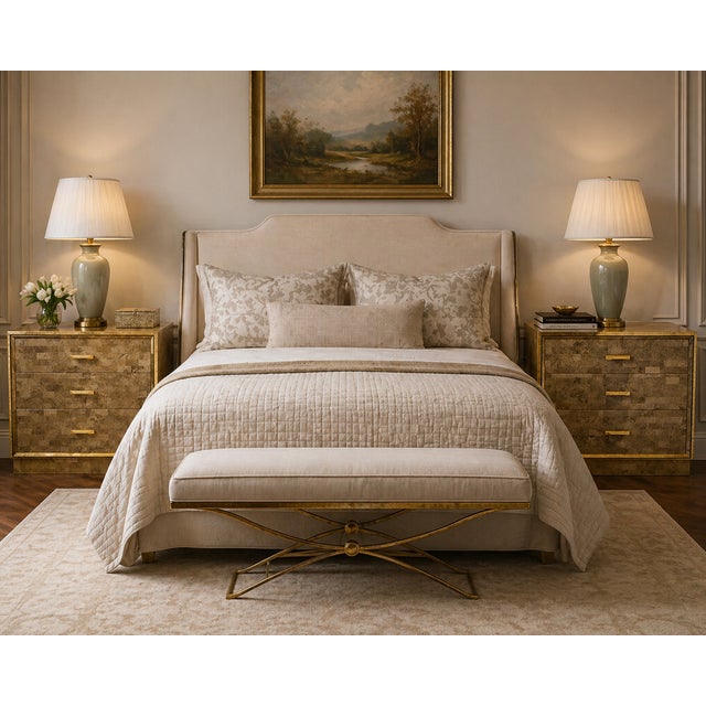 Gorgeous multi-colored tiles and unique hammered handles on this pair of tessellated stone nightstands by Maitland-Smith....