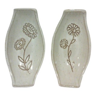 1960s Gordon and Jane Martz Boat Shape Decorative Floral Incised Tray or Dish, Marshall Studios-a Pair For Sale