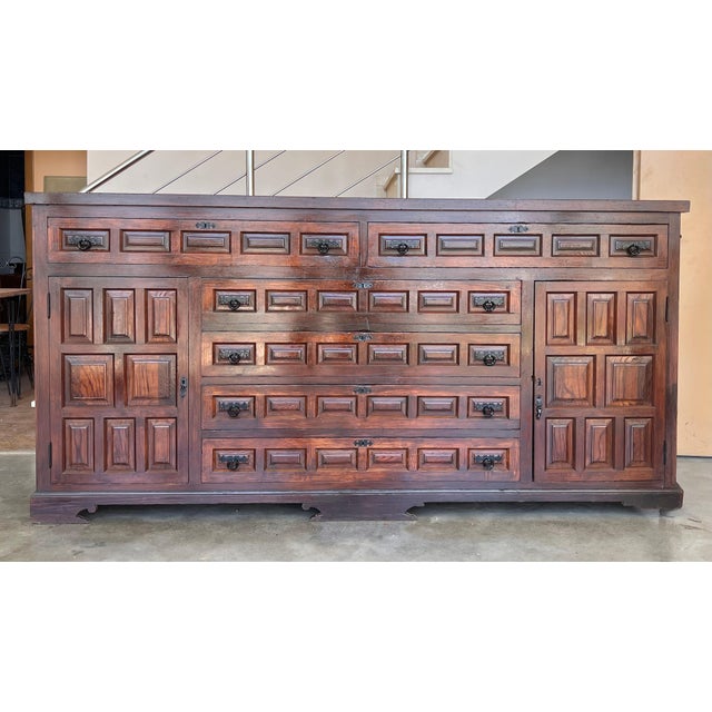 Large 20th Church Spanish Baroque Carved Walnut Tuscan Credenza or Buffet For Sale - Image 17 of 18