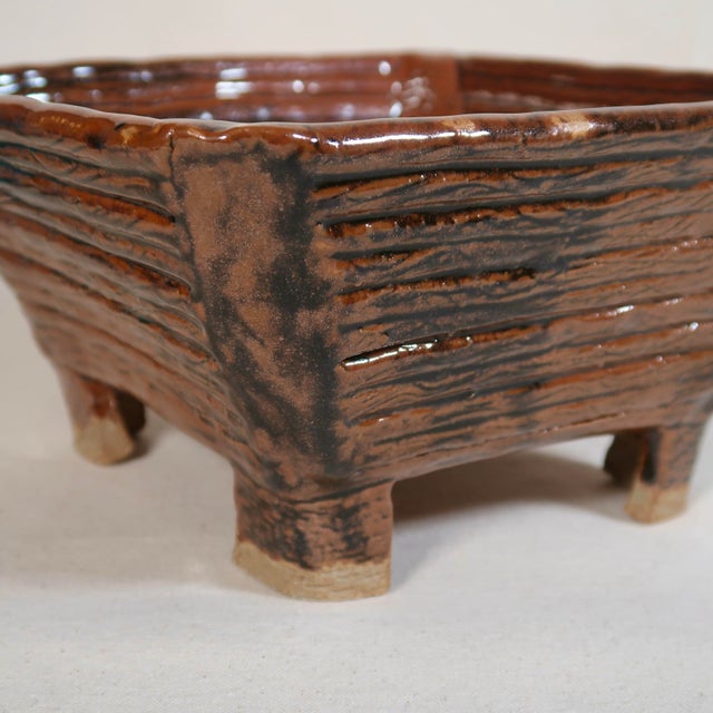 Handbuilt Ceramic Vessel With Square Form on Raised Feet With Carved Linear Texture For Sale - Image 10 of 14
