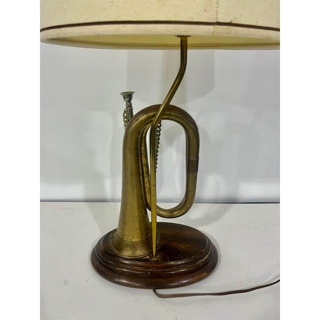 Mid-Century Modern Vintage Brass Bugle Horn Lamp on Wooden Base For Sale - Image 4 of 7