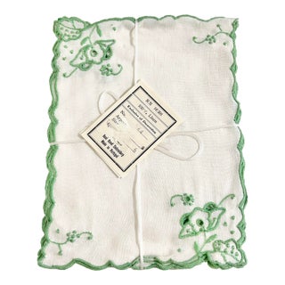 Vintage Portuguese Linen Cocktail Napkins With Green Embroidery, Set of 6, New Old Stock For Sale