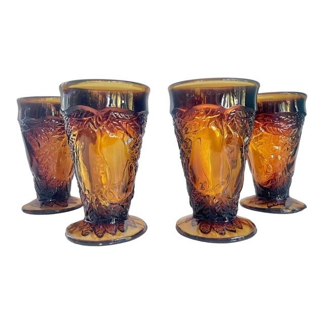 Vintage 1970s Tiara Glass Amber Sunday Ice Cream Footed Cups – Set of 4 For Sale