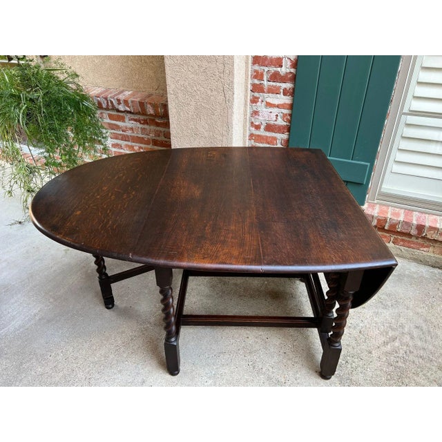 Brown Antique English Drop Leaf Sofa Kitchen Table Barley Twist Tiger Oak Gate Leg For Sale - Image 8 of 18