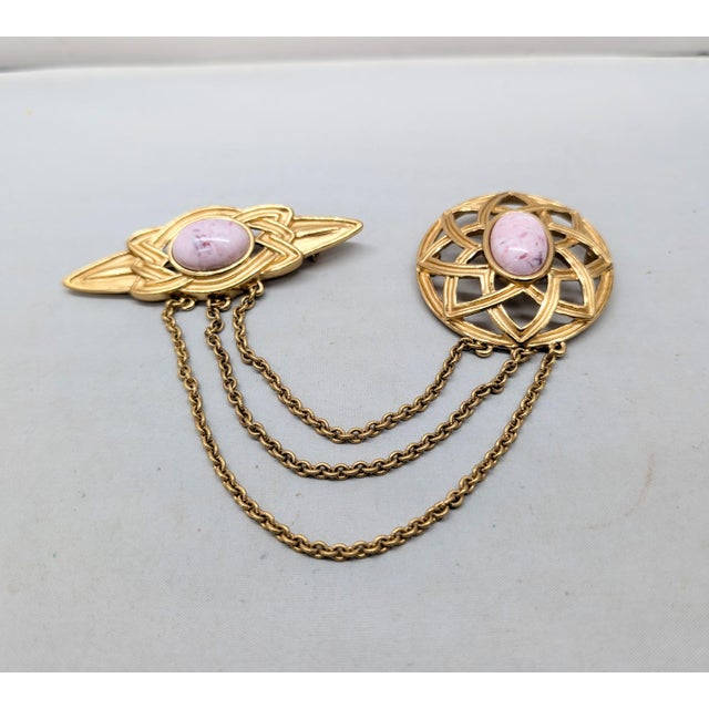 Monet Vintage 1980s Signed Monet Goldtone Pink Cabochon Chatelaine Brooch For Sale - Image 4 of 9