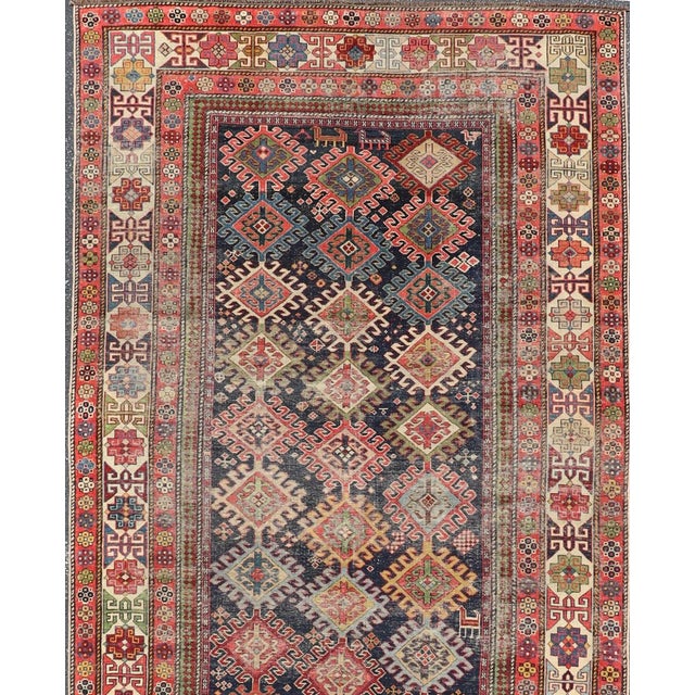 Tribal Antique Caucasian Shirvan Gallery Rug With Geometric Diamond Design 4'6 X 12'0 For Sale - Image 3 of 13