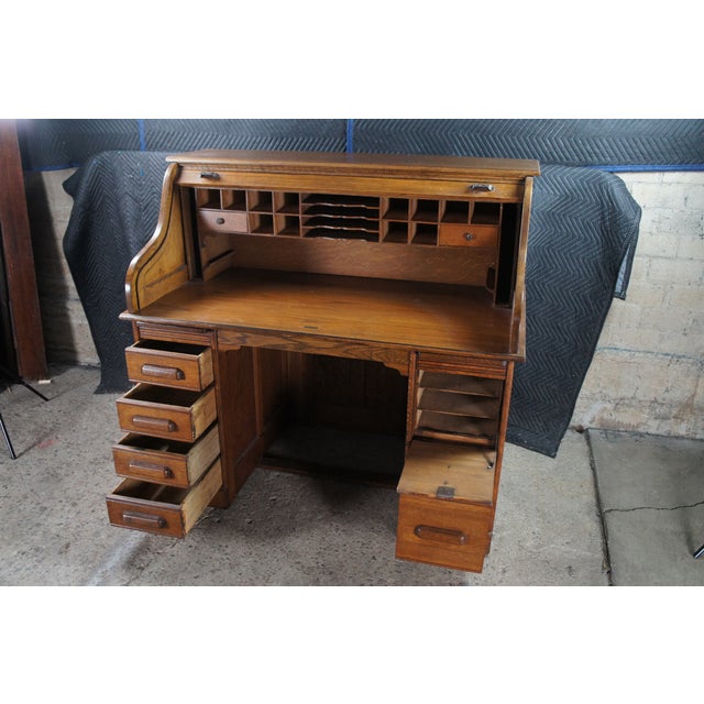 Antique Quartersawn Oak Tambour Roll Top Kneehole Secretary Bankers Writing Desk For Sale - Image 6 of 17