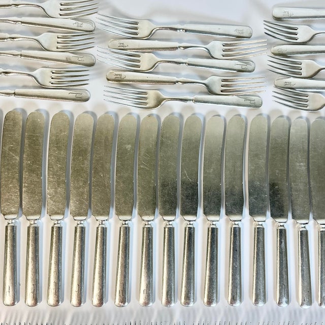 Mid 1800s Antique English Boho Chic Monogrammed Silver Plate Knives and Forks - Set of 70 For Sale - Image 10 of 17