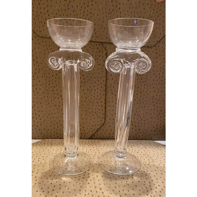 Pair of 1980s Hand Blown Glass Candlesticks, Corinthian Column Style Fluted Glass With Candle Cup Holder on Top For Sale In New York - Image 6 of 9