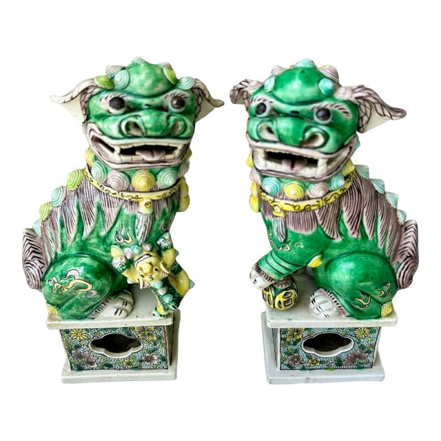 Vintage Chinese Famille Verte Sancai Glazed Porcelain Foo Dogs/Guardian Lions- A Pair For Sale