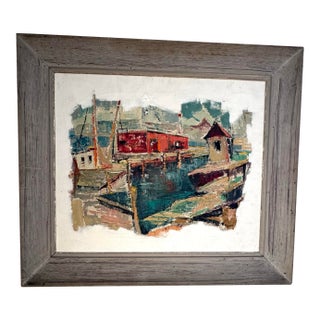 Large Impasto Oil Painting Harbor Seascape Nautical Mid Century Signed Greene For Sale