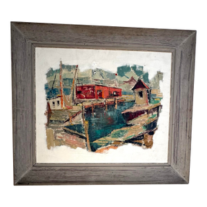 Large Original Oil Painting Mid Century Harbor Seascape Abstract Nautical Impasto Signed Greene