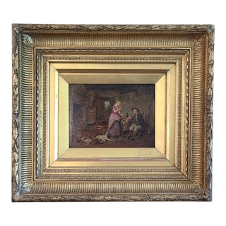 Antique 19th Century Oil Painting Rustic Cottage Interior Husband Wife & Dog For Sale
