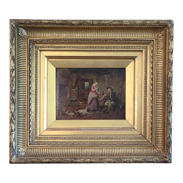 Antique 19th Century Oil Painting Rustic Cottage Interior Husband Wife & Dog For Sale