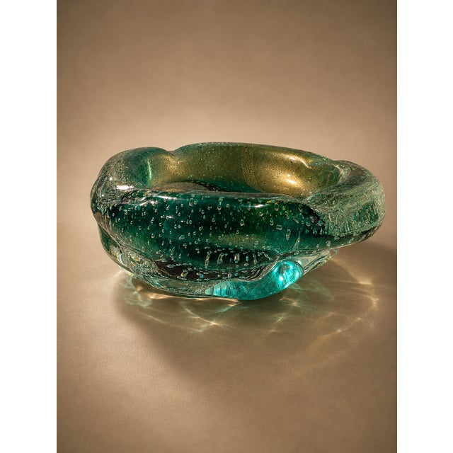 Mid-Century Modern Vintage Murano Style Bullicante Green Art Glass Ashtray, Mid-Century Modern Italian Glass Bowl For Sale - Image 3 of 9