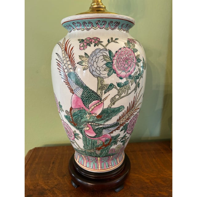 Late 20th Century Late 20th Century Chinoiserie Porcelain Pheasant and Peony Lamp on Ming Base For Sale - Image 5 of 10