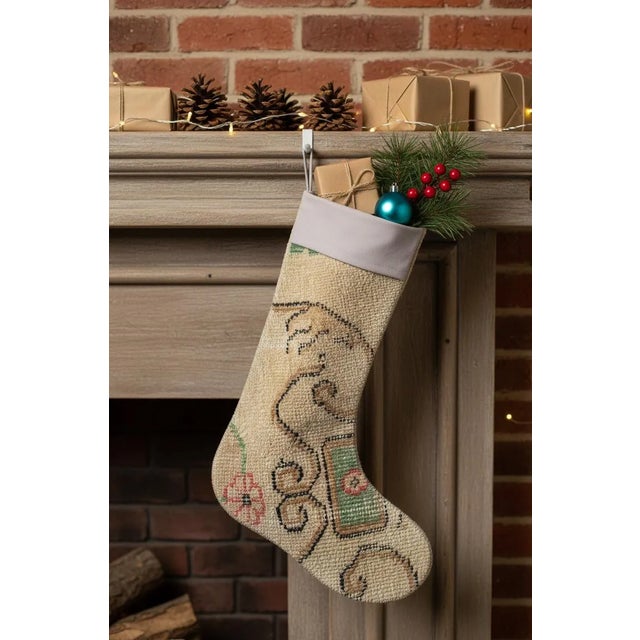 Boho Chic Vintage Kilim Christmas Stocking With Blush Cuff, Cream Scroll Wool, 12.6 X 18.5 in – One of a Kind Decor For Sale - Image 3 of 7