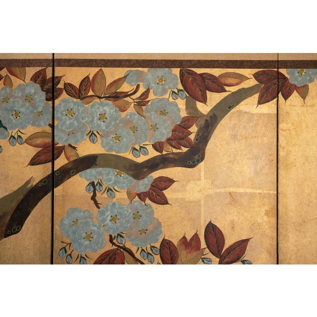 C. 1970s Chinese Six-Panel Gold Leaf Style Painted Screen "Blossoming Plum Tree" For Sale - Image 4 of 14
