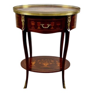 French Baroque Revival Style Oval Marquetry Side or End Table With Ormolu Accent For Sale