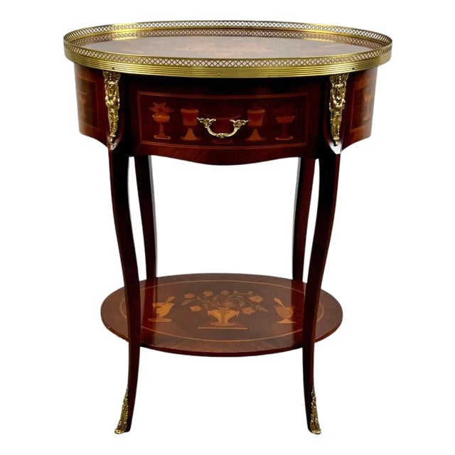 French Baroque Revival Style Oval Marquetry Side or End Table With Ormolu Accent For Sale