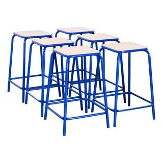 French Bright Blue Laboratory Stools, 1970s, Set of 6 For Sale