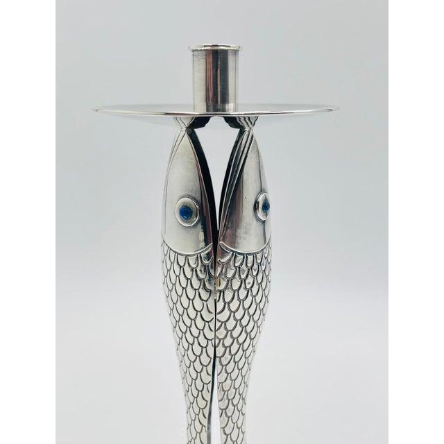 1980s Emilia Castillo Taxco Fish Candle Holder Silver Plate Turquoise Eyes For Sale - Image 9 of 13