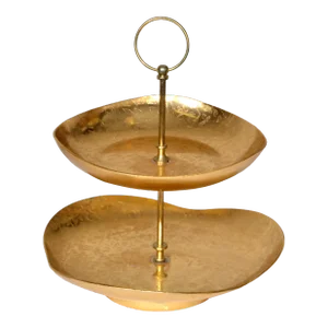 1960s Kensington Moiré Gold Plate Two Tier Center Handled Etched Snack Serving Stand