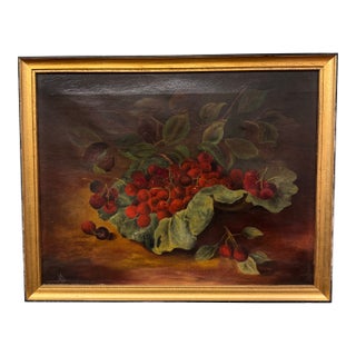 19th Century Oil on Canvas Still Life of Cherries For Sale