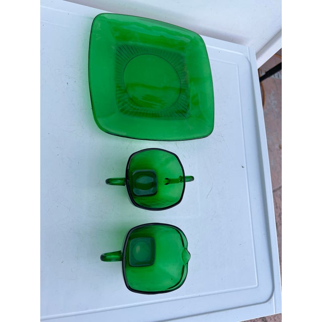 1940s Vintage Mid Century 1940 Green Glass Sugar Bowl, Creamer & Plate Set of 4 For Sale - Image 5 of 9