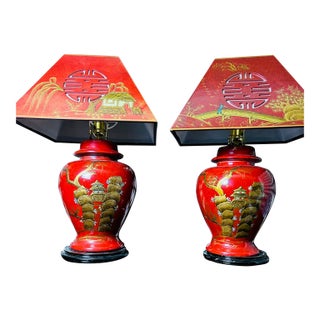 1980s Chinoiserie Red Lacquer Table Lamps Pair Large Chinese With Pagoda Shades For Sale