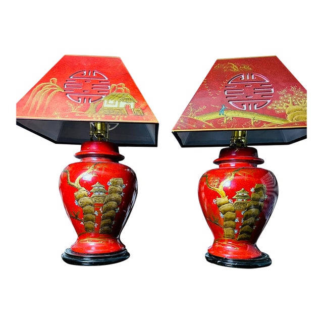 1980s Chinoiserie Red Lacquer Table Lamps Pair Large Chinese With Pagoda Shades For Sale