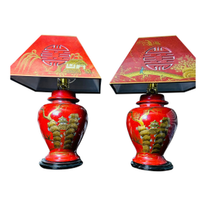 1980s Chinoiserie Red Lacquer Table Lamps Pair Large Chinese With Pagoda Shades