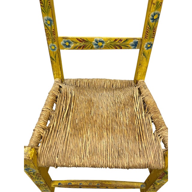 Yellow Early 20th Century Yellow Hand-Painted Mexican Folk Art Child’s Chair With Woven Rush Seat For Sale - Image 8 of 14