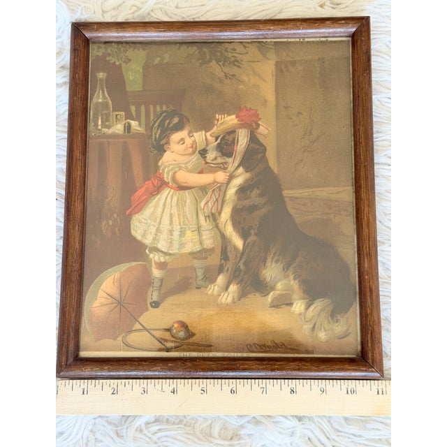 Gold Antique Victorian “The Pet’s Toilet” Girl & Dog Framed Color Print For Sale - Image 8 of 8