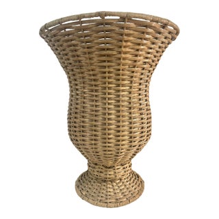 Late 20th Century Coastal Style Whitewashed Wicker Footed Urn For Sale