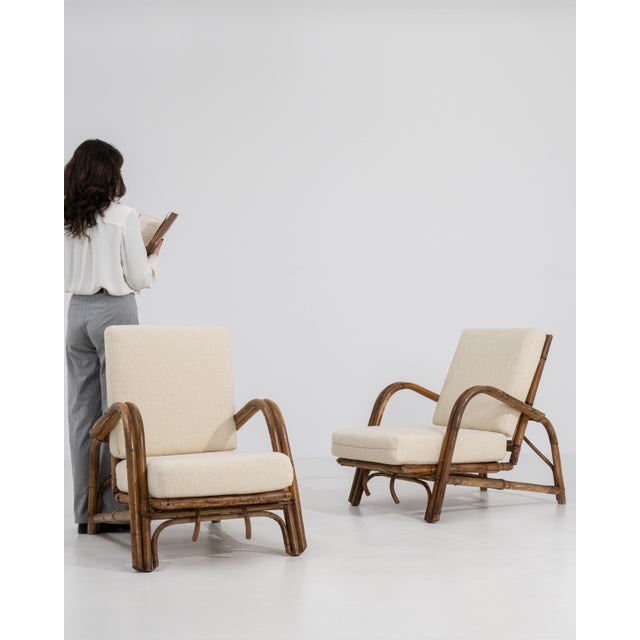 Pair of Faux Bamboo Reclining Armchairs With Bouclé Upholstery Cream Mid 20th Century For Sale - Image 15 of 16