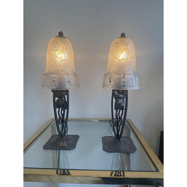Art Deco Lamps in Wrought Iron and Glass from Hettier-Vincent, 1929, Set of 2 For Sale - Image 10 of 18