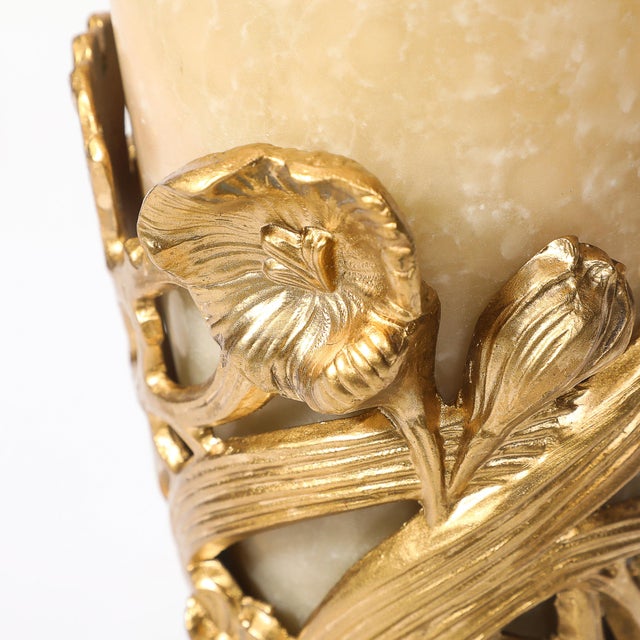 1930s Art Deco Gilt Bronze & Alabaster Table Lamps on Polished Brass Bases - a Pair For Sale - Image 9 of 14
