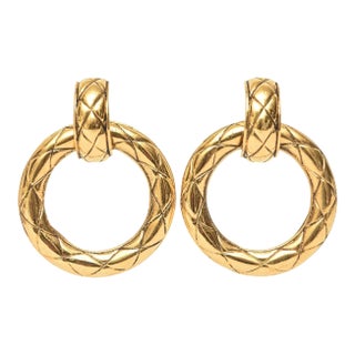 Vintage Chanel Quilted Gold Plated Door Knocker Clip on Earrings, 1980's For Sale