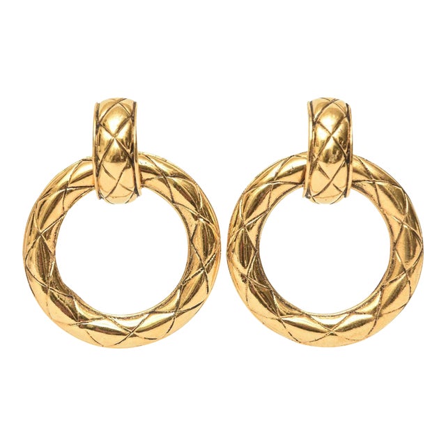 Vintage Chanel Quilted Gold Plated Door Knocker Clip on Earrings, 1980's For Sale
