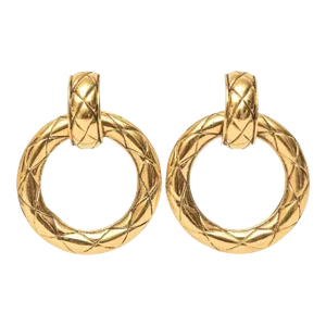 Vintage Chanel Quilted Gold Plated Door Knocker Clip on Earrings 80's - 2 Pieces