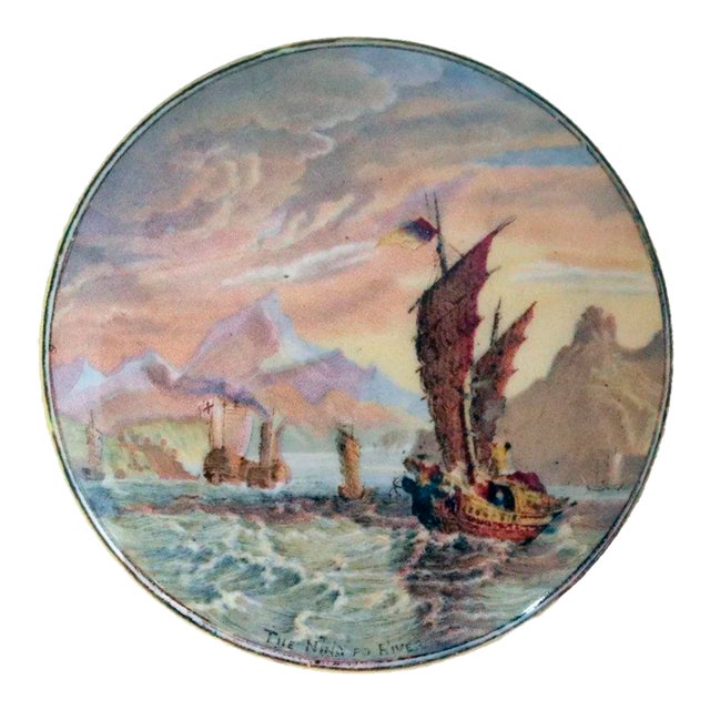 19th Century English Prattware Pottery Transferware the Ning Po River Pot Lid For Sale