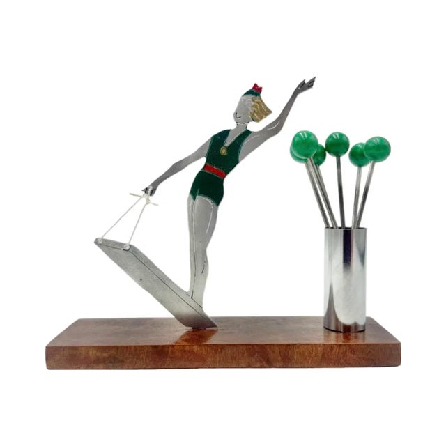 Vintage Sudre Female Waterskier Cocktail Garnish Set Paris Art Deco C1930s For Sale - Image 9 of 12