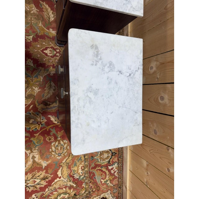 1930s Art Deco Nightstands in Exotic Wood Veneer with Marble Tops, Set of 2 For Sale - Image 5 of 9
