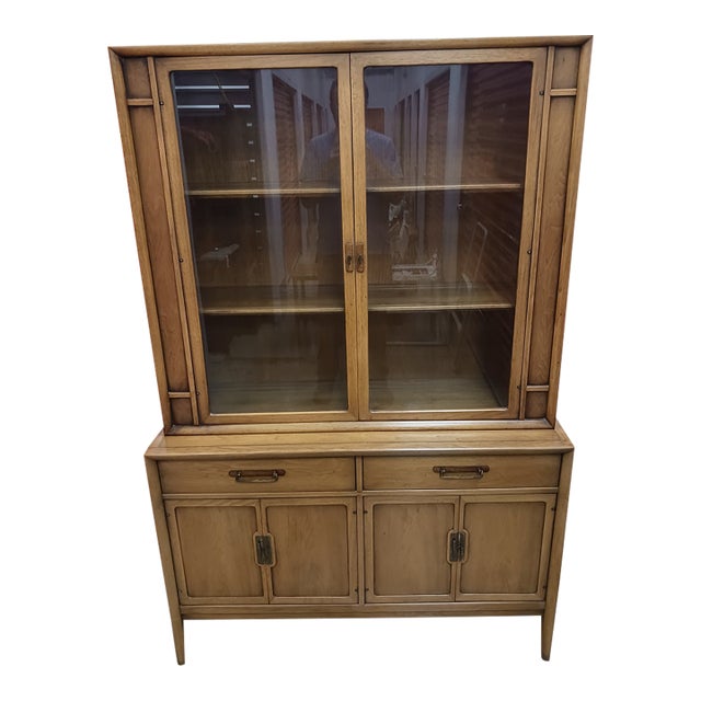 1963 Drexel Meridian Pecan & Walnut China Hutch For Sale