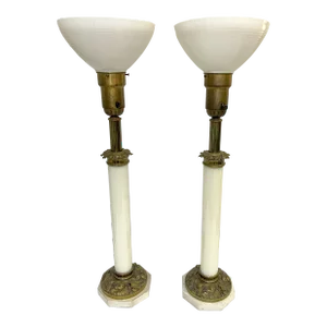 Antique Hollywood Regency Milk Glass and Brass Converted Gas Column Lamps- a Pair